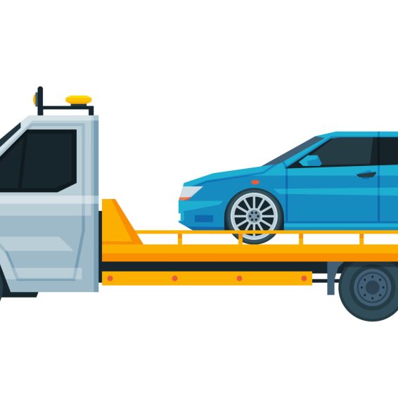 Blue Car Transporting on Tow Truck, Roadside Assistance Service Flat Vector Illustration on White Background.